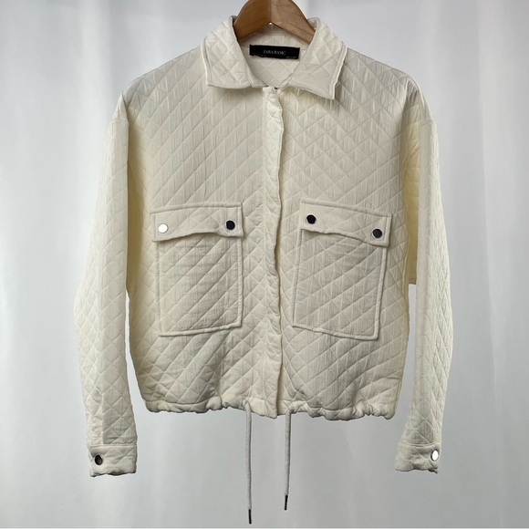 Zara Diamond Full Zip‎ Cropped Drawstring Jacket in Ivory Size Medium - Picture 2 of 8